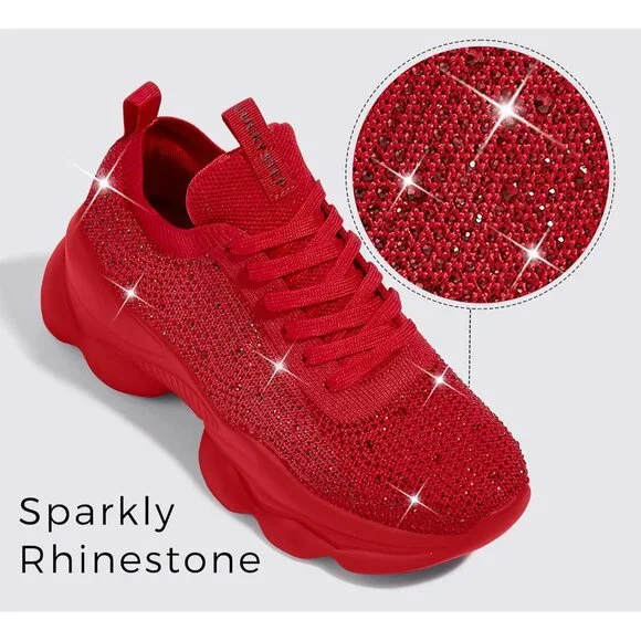 Lucky Step Women's Red Rhinestone Sneaker Chunky Sparkly Bling Mesh Slip on - Picture 3 of 9